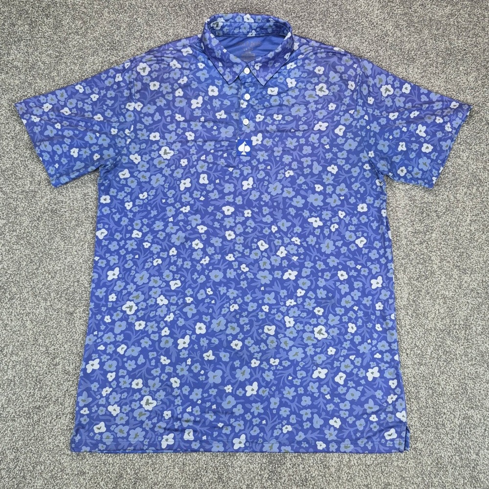 Pins & Aces Polo Shirt Mens Large Blue Floral Performance Golf Short Sleeve E180